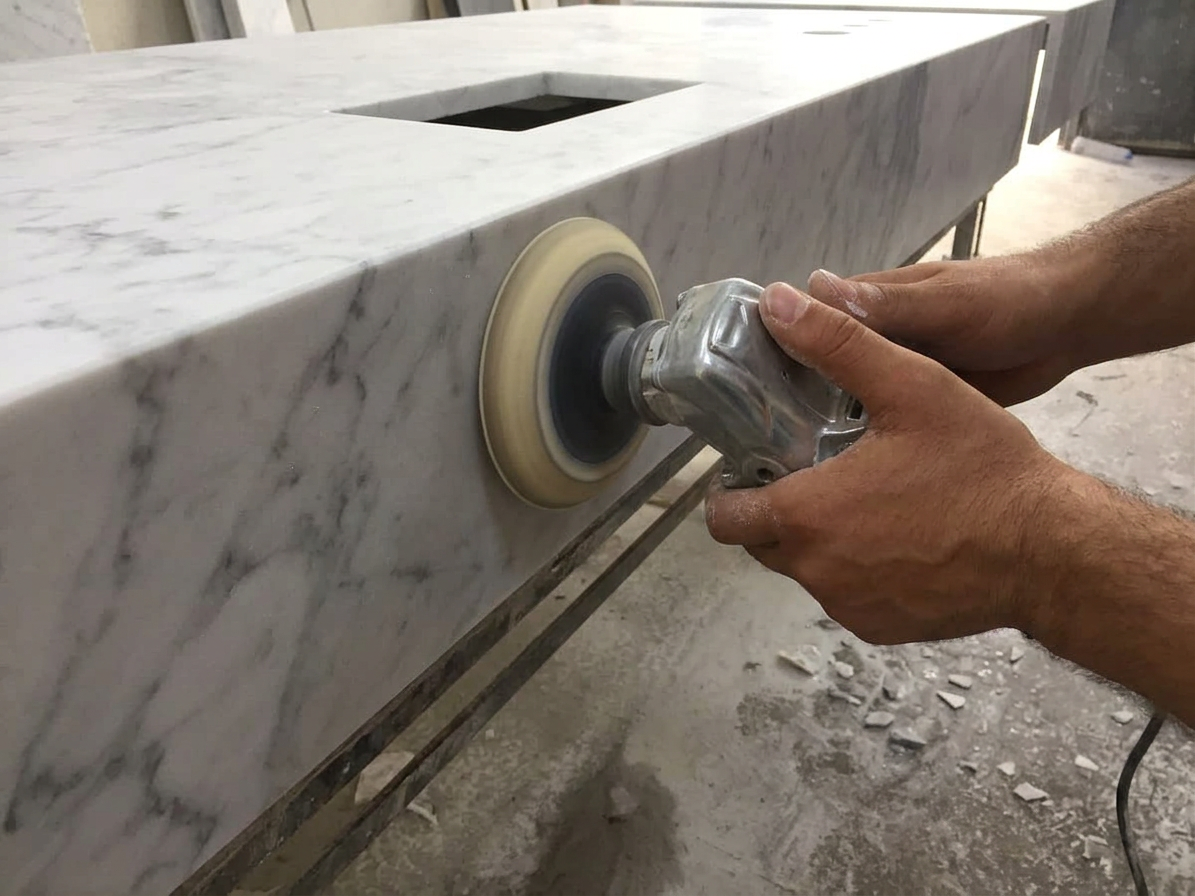 Stone fabricator polishing the edge of a marble worktop during the manufacturing process using a powered polishing tool.